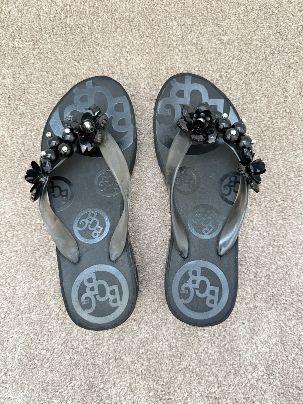 Embellished Black Floral Jelly Flip Sandals